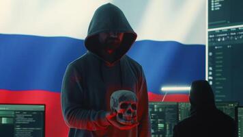 Russian hackers creating dark web maniac cybercrime in a control room, sinister man holding a skull hinting at death threats. Aggressive harmful criminal activity, cyber terrorism. Camera A. video