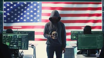 American man in a dark hood making death threats with human skull concept, emphasizing violence and malicious intent. Governmental hacker inflicting terror and panic for rival ideologies. Camera B. video