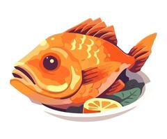 grilled fish and lemon in plate icon isolated vector
