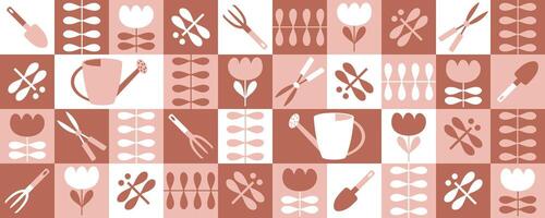 Checkered geometric horizontal banner with garden inventory and tulip flowers. Hand drawn agriculture design. vector