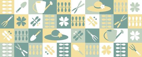 Checkered geometric horizontal banner with garden tools and dragonflies. Hand drawn summer design. vector