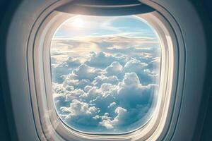 A window on an airplane with a blue sky and clouds photo