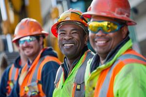 A group of construction workers are smiling and wearing orange vests photo