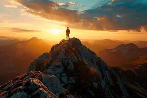 A man stands on a mountain peak at sunset photo