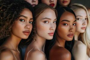 Four women with different skin tones and hair styles are shown in a row photo