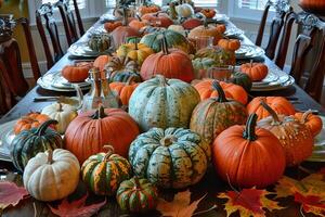 A table is set with a variety of pumpkins and leaves, creating a warm photo