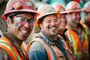 A group of construction workers are smiling and wearing orange vests photo