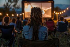 A woman sits in a chair watching a movie with other people photo