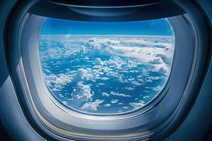 A window on an airplane with a blue sky and clouds photo