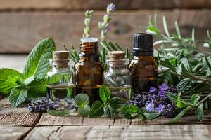 A collection of essential oils and herbs are displayed on a wooden table photo