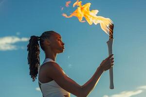 A woman holding a torch in the sky photo