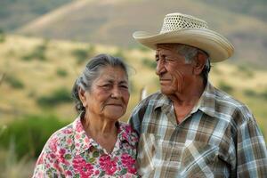 A man and woman are standing in a field, with the man wearing a straw hat photo