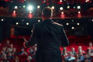 A man stands on stage in front of a crowd, giving a speech photo