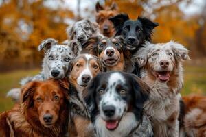A group of dogs are smiling and looking at the camera photo