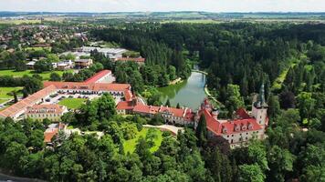 Aerial orbiting view of chateau Pruhonice in Czechia in June 2024 video