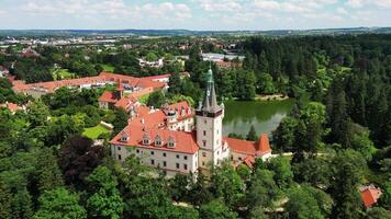 Aerial close orbiting view of chateau Pruhonice in Czechia in June 2024 video