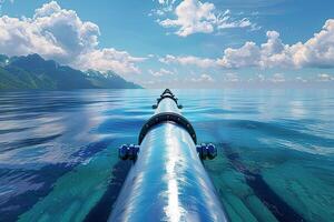 A long pipe is in the water, and the sky is blue photo
