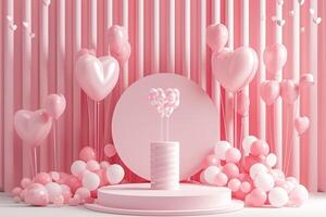 3d render minimal sweet scene with display podium for mock up and product brand presentation. Pink Pedestal stand for Valentine's Day's theme. Cute lovely heart background. Love day's design style photo