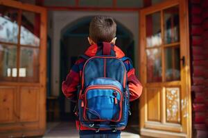 Back view of a boy kid entering the classroom with his backpack photo
