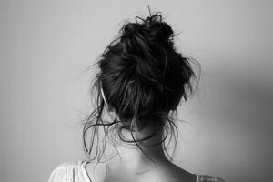 Back view of a girl head with hair in a messy bun hairstyle and simple top photo