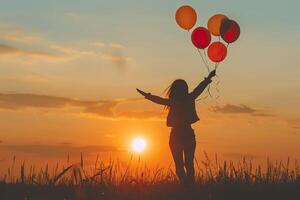 Back silhouette view of an happy young woman releasing balloons in the sky at sunset in summer background with copy space photo