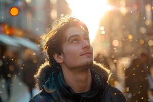 A happy young caucasian man looking up at the sky alone in a busy city, sun shining photo