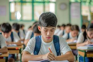 Asian boys students taking an exam in a classroom , examination test takers in a class in Asia photo