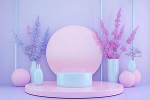 3d render abstract display podium platform for product presentation and advertising. Minimal scene backdrop with clean design. Vacant pedestal for mock up. Empty stage with pastel color for cosmetic photo