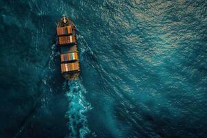Aerial top view of cargo container business ship, global express in the ocean, logistic freight shipping and transportation, container cargo maritime ship photo