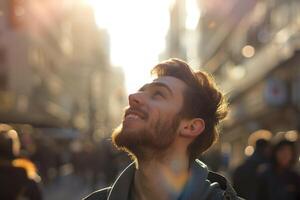 A happy young caucasian man looking up at the sky alone in a busy city, sun shining photo