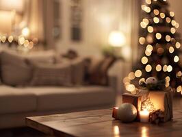A Christmas tree is lit up in a living room with a table in the background photo