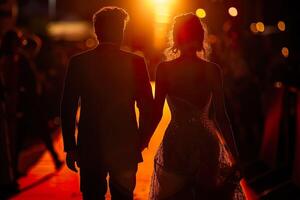 Back silhouette view of a couple of stars in gorgeous evening gowns and suit walking on the red carpet posing for awards ceremony. photo