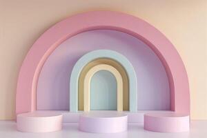 3D Podium stand with pastel color arches scene. Minimalist geometric vacant platform for mock up and presentation. Abstract background for commercial and cosmetic advertising photo