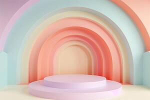 3D Podium stand with pastel color arches scene. Minimalist geometric vacant platform for mock up and presentation. Abstract background for commercial and cosmetic advertising photo