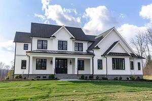 A large white house with a black roof and black trim photo