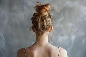 Back view of a girl head with hair in a messy bun hairstyle and simple top photo