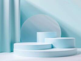 A blue and white stage with three blue pedestals photo