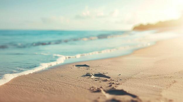 un playa con un cuerpo de agua y un pie impresión en el arena foto