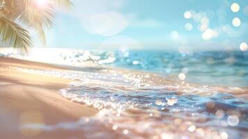 A beautiful beach scene with a palm tree in the background photo