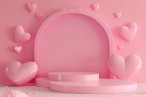 3d render minimal sweet scene with display podium for mock up and product brand presentation. Pink Pedestal stand for Valentine's Day's theme. Cute lovely heart background. Love day's design style photo