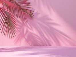 A pink wall with a leafy green palm tree on it photo
