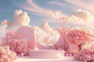 3d render of Beauty podium with Very Peri color of the year 2022 design for product presentation and advertising. Minimal pastel sky and Dreamy land scene. Romance concept photo