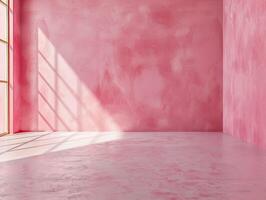A pink room with a window and a wall with a pink color photo