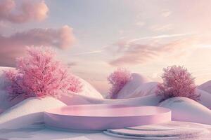 3d render of Beauty podium with Very Peri color of the year 2022 design for product presentation and advertising. Minimal pastel sky and Dreamy land scene. Romance concept photo