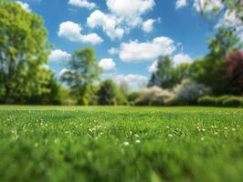 A lush green field with a few trees in the background photo
