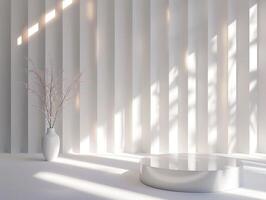 A white room with a white vase and a white table photo