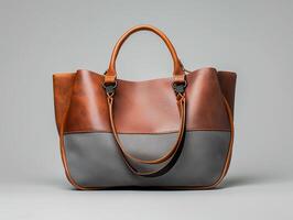 A brown and gray purse with a brown strap photo