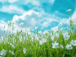A field of white flowers with a blue sky in the background photo