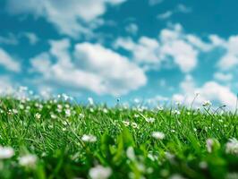 A field of grass with a few white flowers in the foreground photo