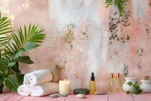 A wall with a pink background and a green leafy plant photo